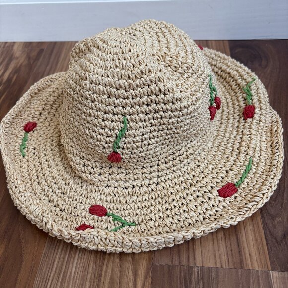 Vince Camuto Cherry Embroidered Straw Sun Hat - Picture 1 of 11